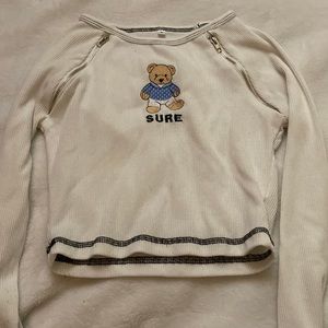 White Cropped Long Sleeve Top W/Bear Design